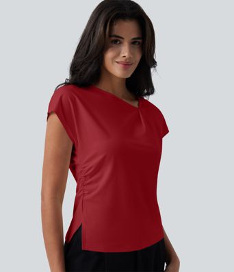 Asymmetric Cowl Neck Short Sleeve Ruched Split Hem Work Blouse