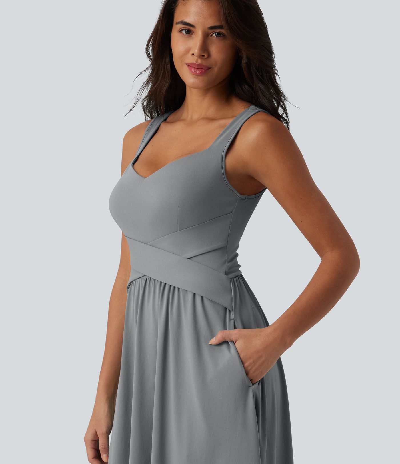 Built-in Bra Sleeveless Crossover Flowy Midi Casual Dress with Pockets DD-F Built-in Bra Sleeveless Crossover Flowy Midi Casual Dress with Pockets DD-F