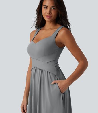 Built-in Bra Sleeveless Crossover Flowy Midi Casual Dress with Pockets DD-F Built-in Bra Sleeveless Crossover Flowy Midi Casual Dress with Pockets DD-F