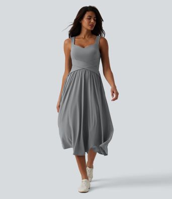 Built-in Bra Sleeveless Crossover Flowy Midi Casual Dress with Pockets DD-F Built-in Bra Sleeveless Crossover Flowy Midi Casual Dress with Pockets DD-F