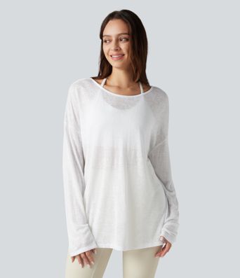 Lässiges, transparentes Top mit U-Boot-Ausschnitt und langen Ärmeln