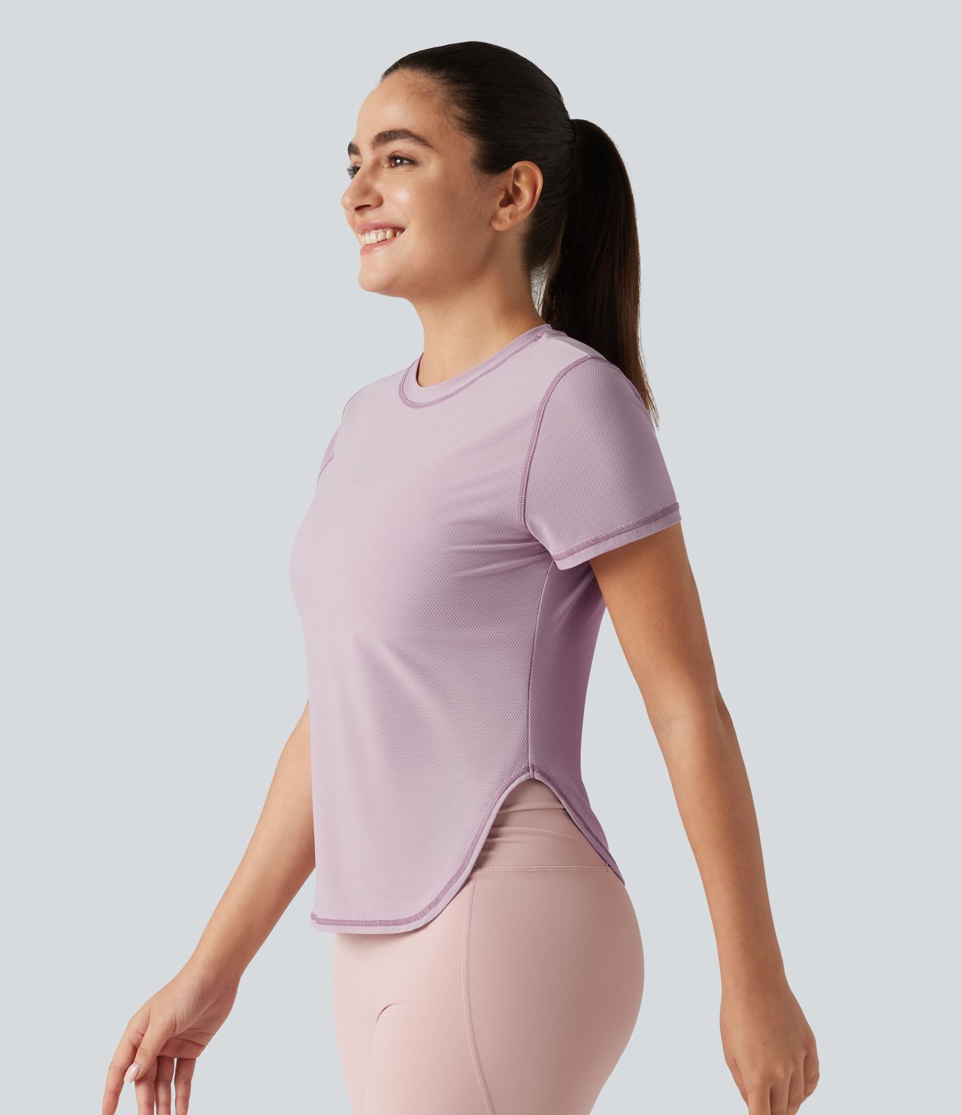 Haut de sport yoga col rond manches courtes ourlet arrondi en mesh respirant