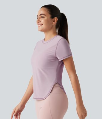 Haut de sport yoga col rond manches courtes ourlet arrondi en mesh respirant