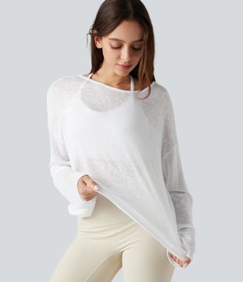 Lässiges, transparentes Top mit U-Boot-Ausschnitt und langen Ärmeln