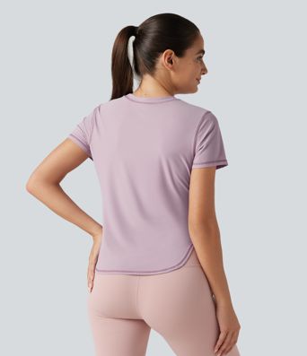 Haut de sport yoga col rond manches courtes ourlet arrondi en mesh respirant