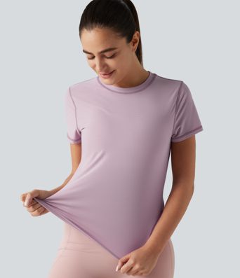 Haut de sport yoga col rond manches courtes ourlet arrondi en mesh respirant