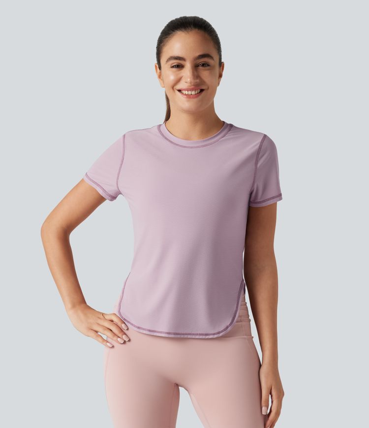 Haut de sport yoga col rond manches courtes ourlet arrondi en mesh respirant