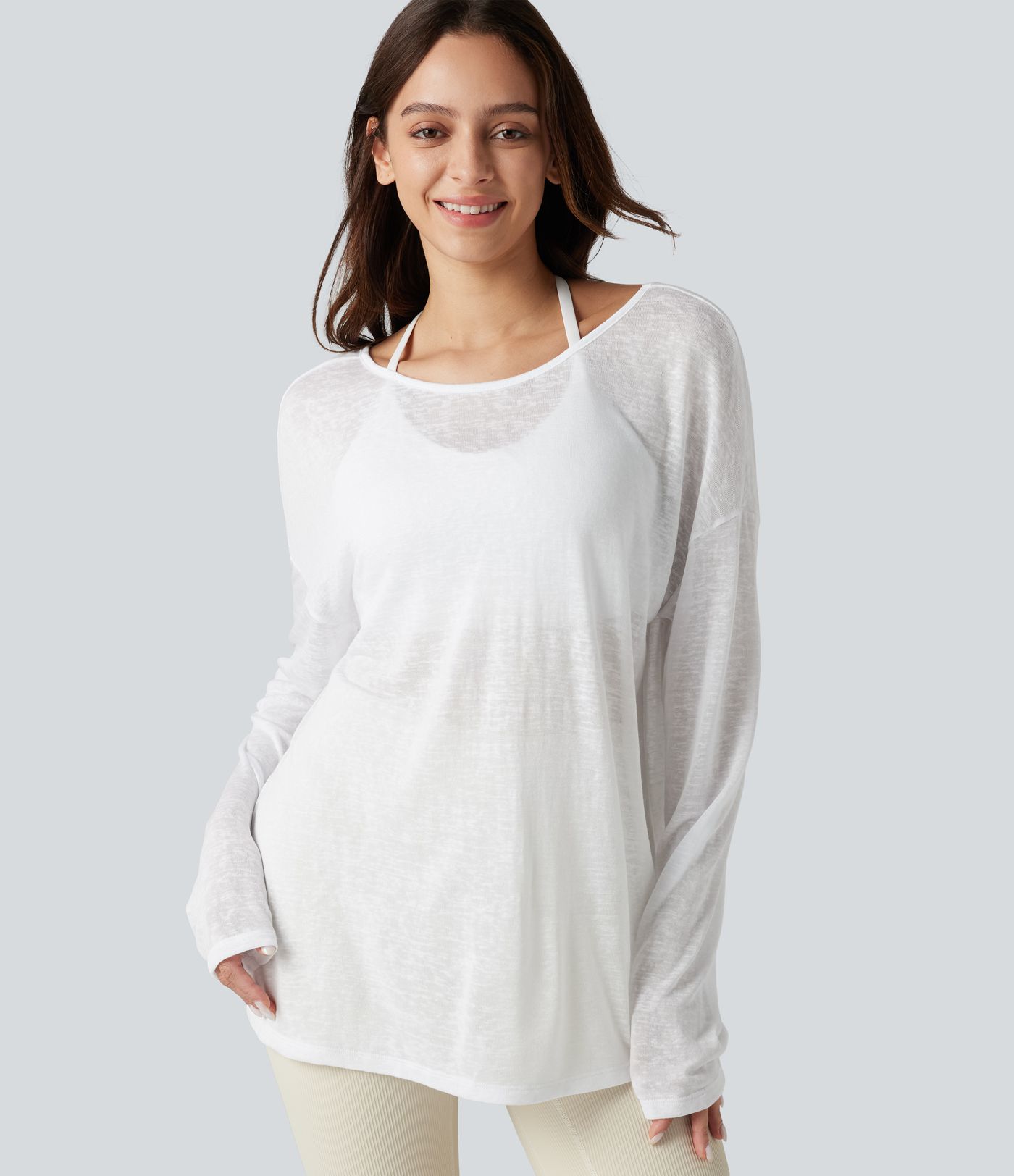 Lässiges, transparentes Top mit U-Boot-Ausschnitt und langen Ärmeln