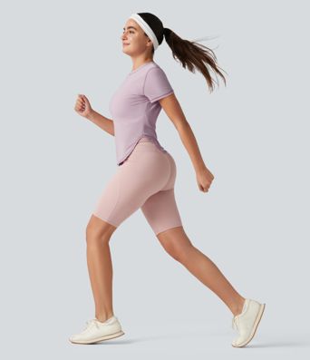 Haut de sport yoga col rond manches courtes ourlet arrondi en mesh respirant