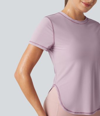 Haut de sport yoga col rond manches courtes ourlet arrondi en mesh respirant