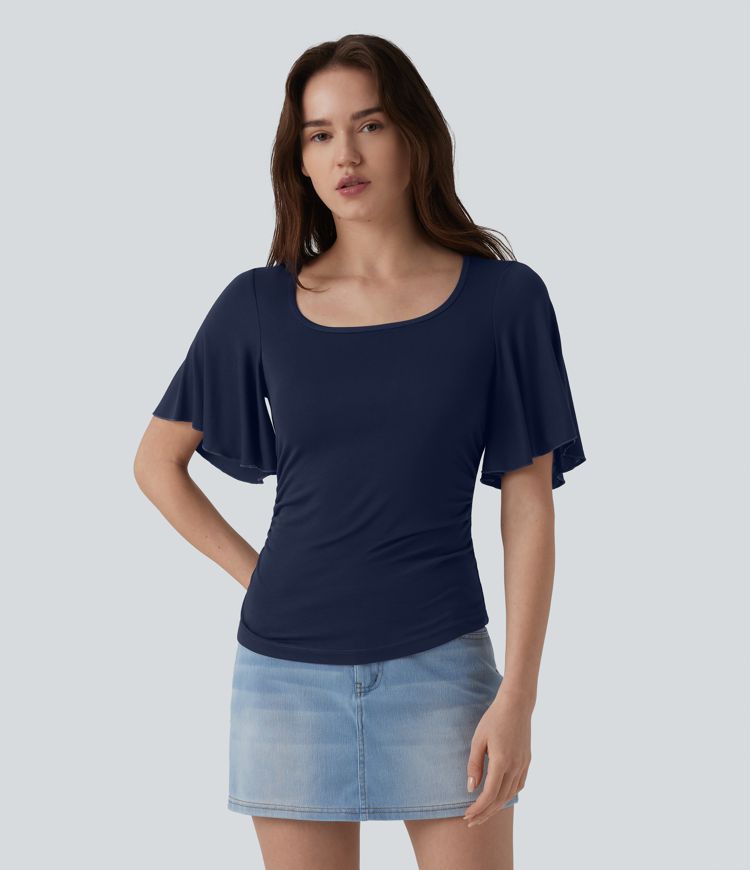 Ribbed Square Neck Butterfly Sleeve Ruched Casual T-Shirt