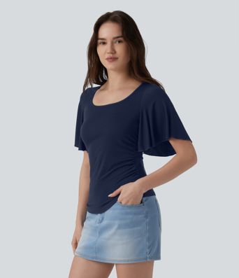Ribbed Square Neck Butterfly Sleeve Ruched Casual T-Shirt