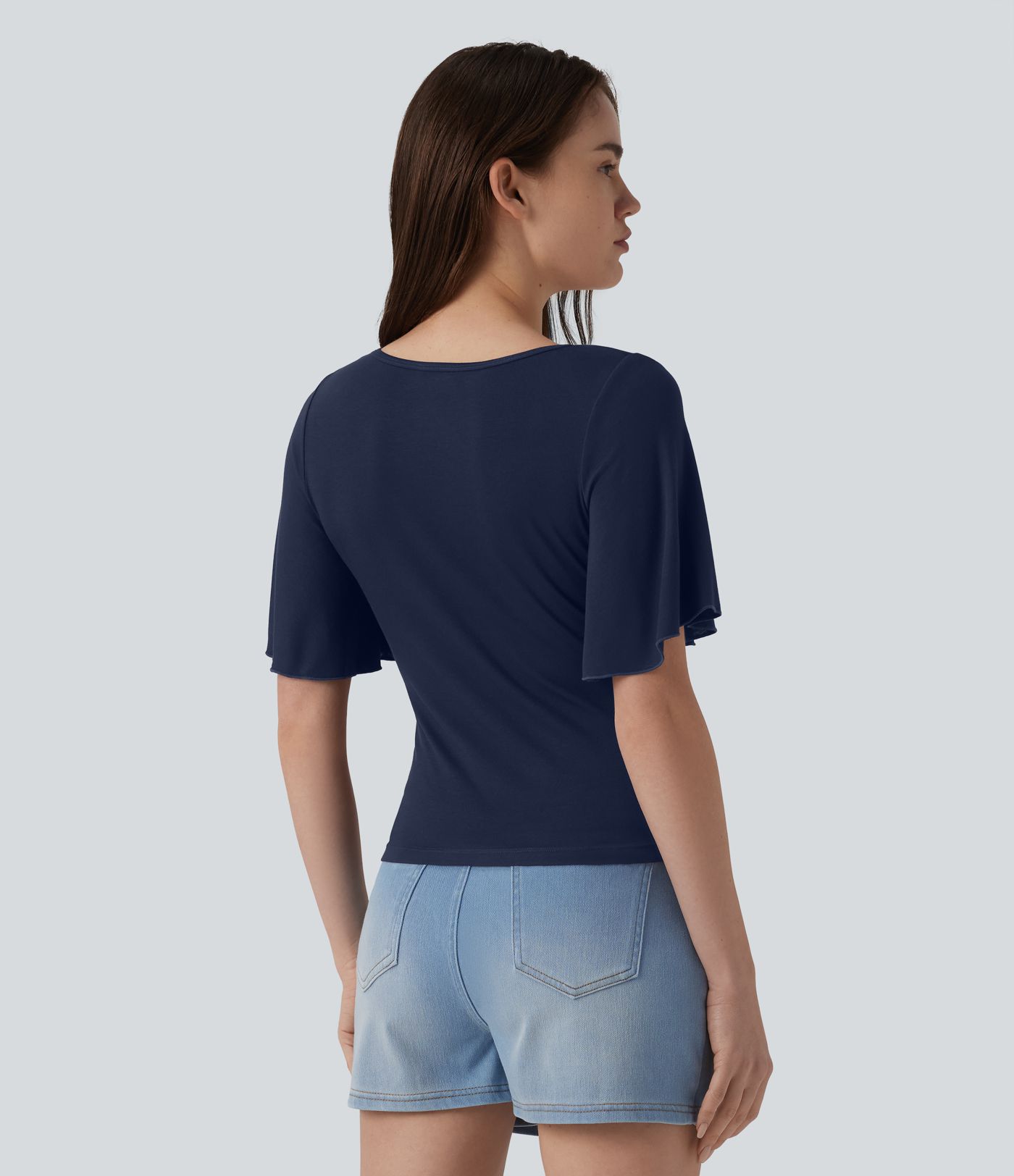 Ribbed Square Neck Butterfly Sleeve Ruched Casual T-Shirt