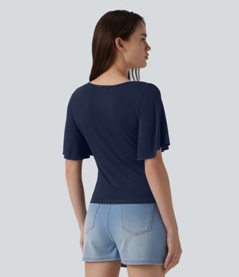Ribbed Square Neck Butterfly Sleeve Ruched Casual T-Shirt
