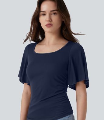 Ribbed Square Neck Butterfly Sleeve Ruched Casual T-Shirt