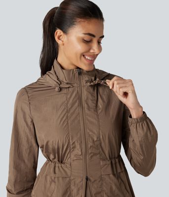 Durable Water Repellent Lightweight Hooded 2-Way Zipper Drawstring Split Hiking Jacket with Pockets