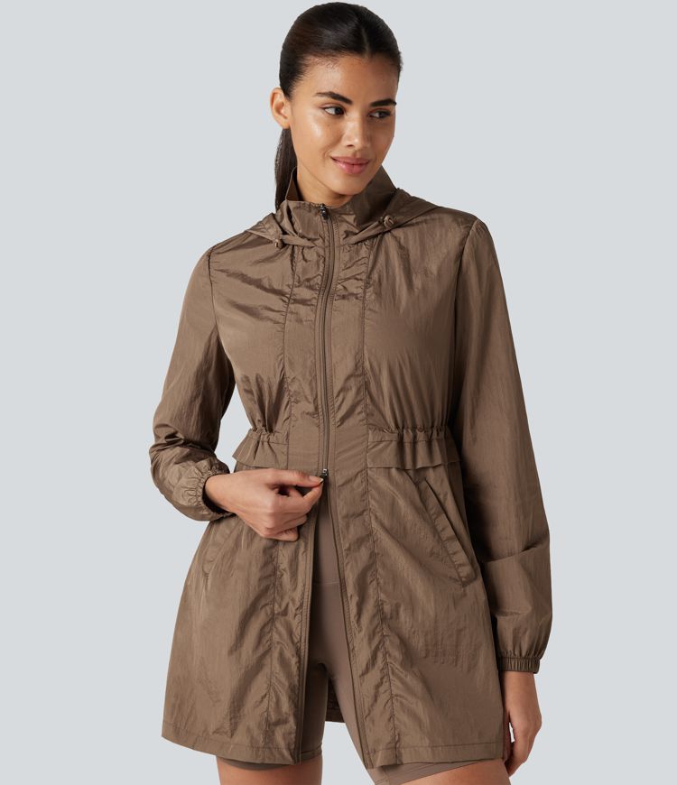 Durable Water Repellent Lightweight Hooded 2-Way Zipper Drawstring Split Hiking Jacket with Pockets