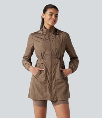 Durable Water Repellent Lightweight Hooded 2-Way Zipper Drawstring Split Hiking Jacket with Pockets