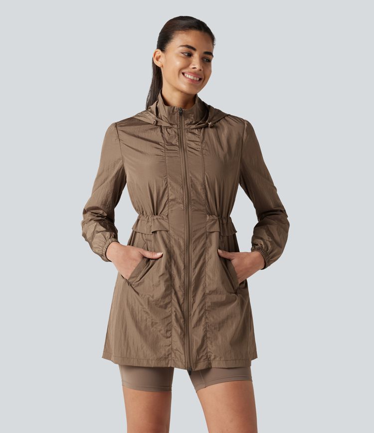 Durable Water Repellent Lightweight Hooded 2-Way Zipper Drawstring Split Hiking Jacket with Pockets