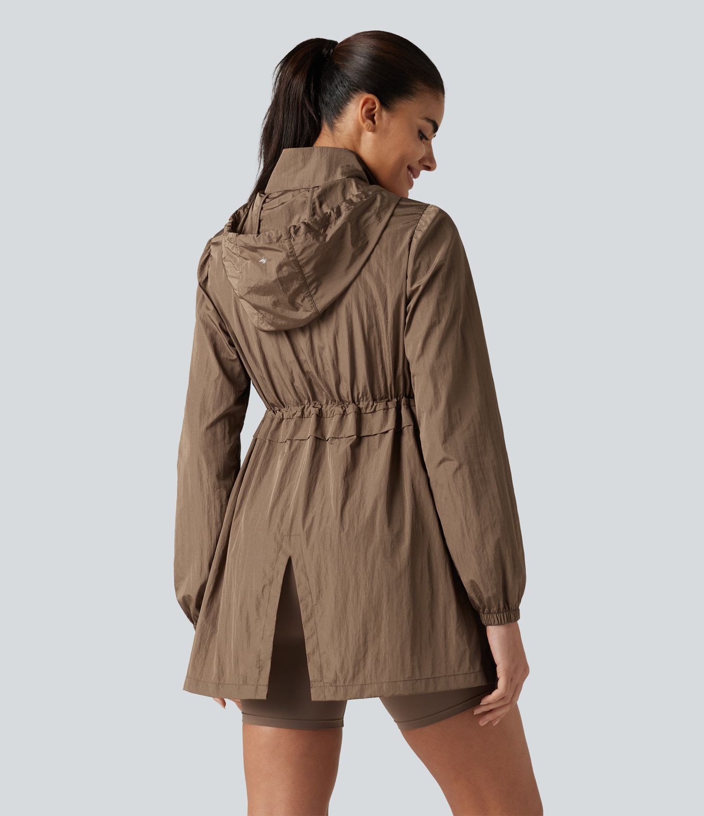 Durable Water Repellent Lightweight Hooded 2-Way Zipper Drawstring Split Hiking Jacket with Pockets