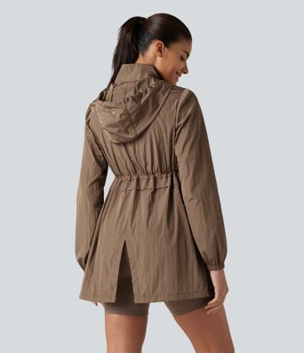 Durable Water Repellent Lightweight Hooded 2-Way Zipper Drawstring Split Hiking Jacket with Pockets