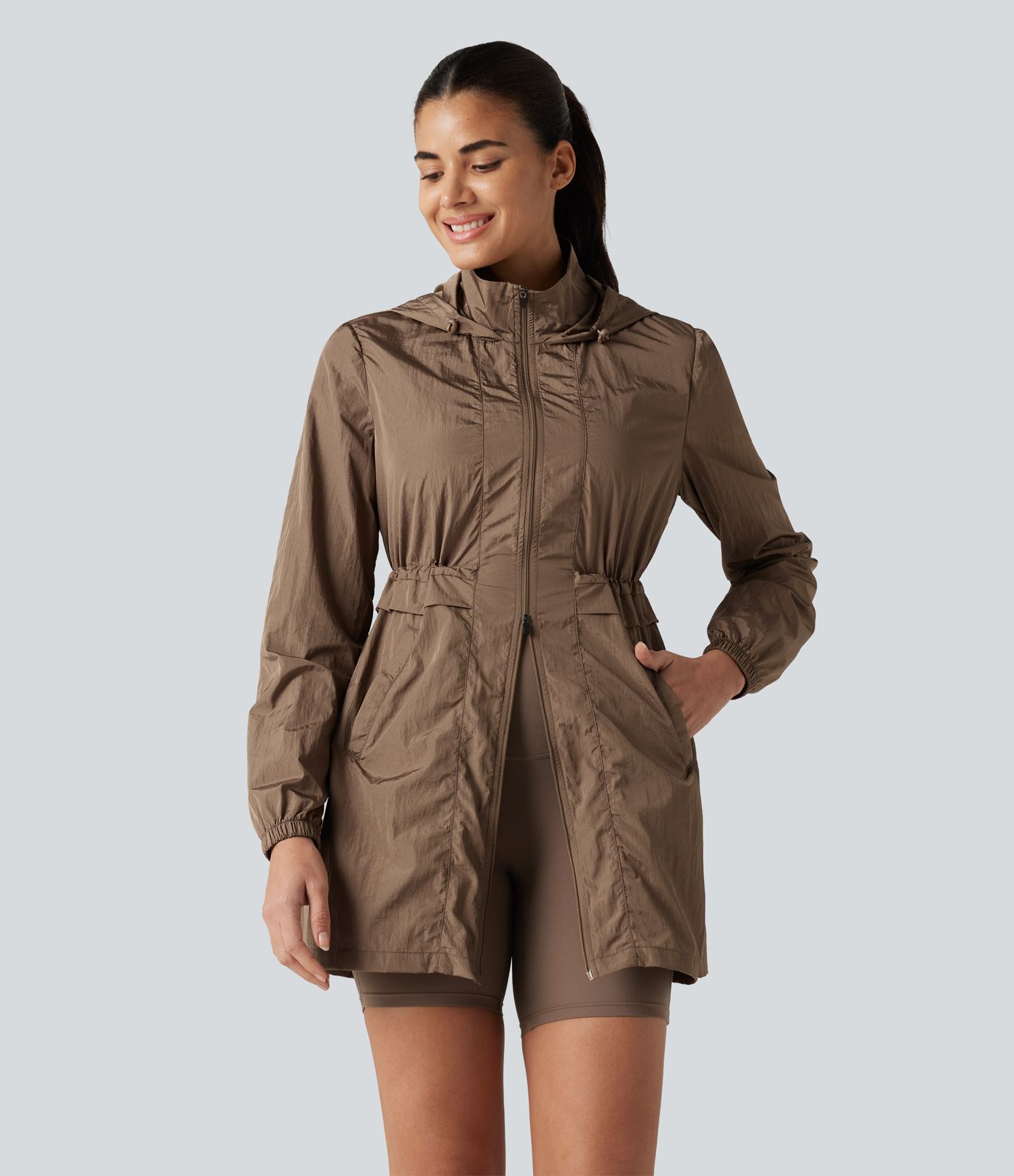 Durable Water Repellent Lightweight Hooded 2-Way Zipper Drawstring Split Hiking Jacket with Pockets