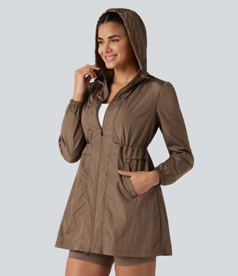 Durable Water Repellent Lightweight Hooded 2-Way Zipper Drawstring Split Hiking Jacket with Pockets