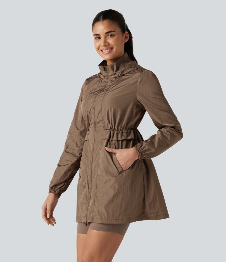 Durable Water Repellent Lightweight Hooded 2-Way Zipper Drawstring Split Hiking Jacket with Pockets