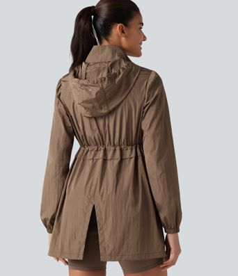 Durable Water Repellent Lightweight Hooded 2-Way Zipper Drawstring Split Hiking Jacket with Pockets