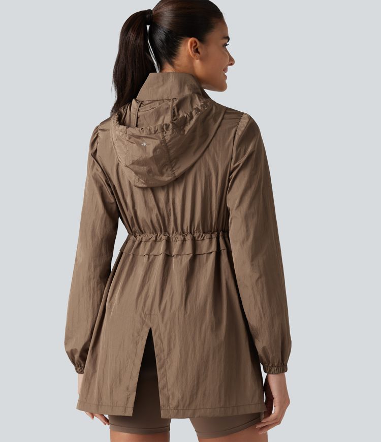 Durable Water Repellent Lightweight Hooded 2-Way Zipper Drawstring Split Hiking Jacket with Pockets