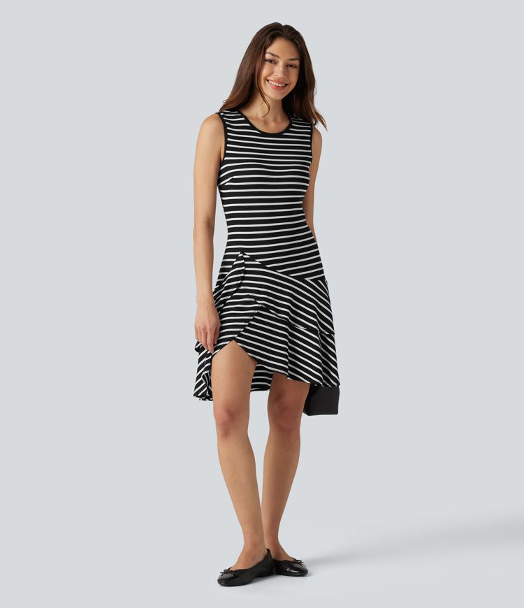 Ribbed Knit Round Neck Sleeveless Layered Ruffle Hem Stripe Mini Casual Dress