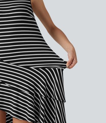 Ribbed Knit Round Neck Sleeveless Layered Ruffle Hem Stripe Mini Casual Dress