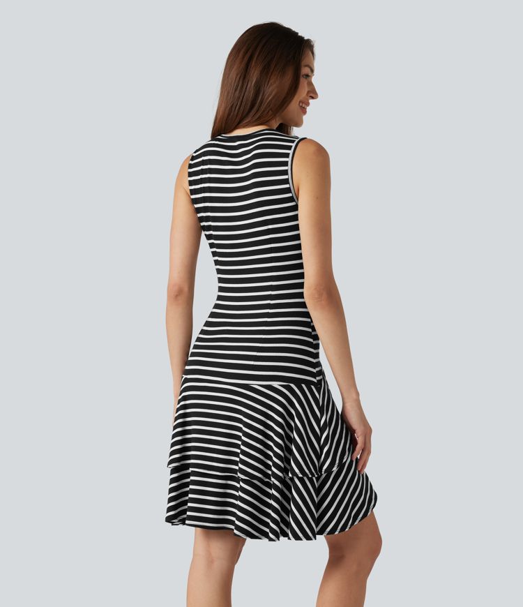 Ribbed Knit Round Neck Sleeveless Layered Ruffle Hem Stripe Mini Casual Dress