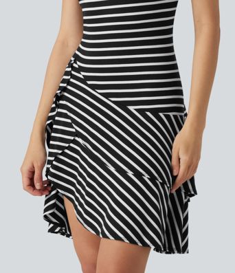 Ribbed Knit Round Neck Sleeveless Layered Ruffle Hem Stripe Mini Casual Dress