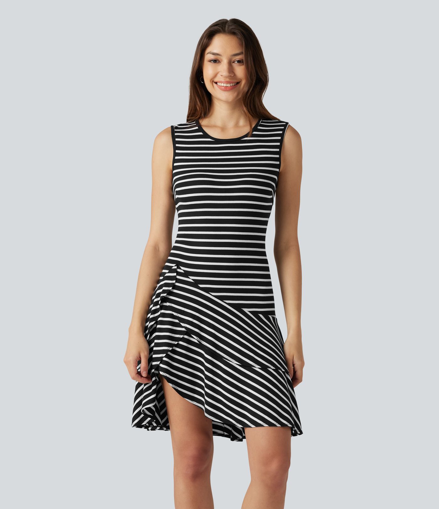 Ribbed Knit Round Neck Sleeveless Layered Ruffle Hem Stripe Mini Casual Dress