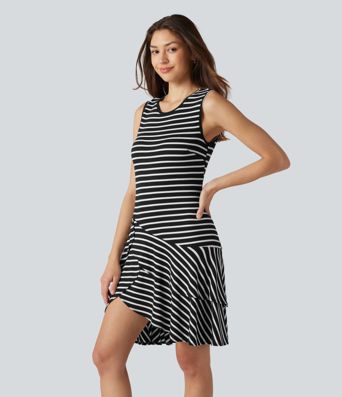 Ribbed Knit Round Neck Sleeveless Layered Ruffle Hem Stripe Mini Casual Dress