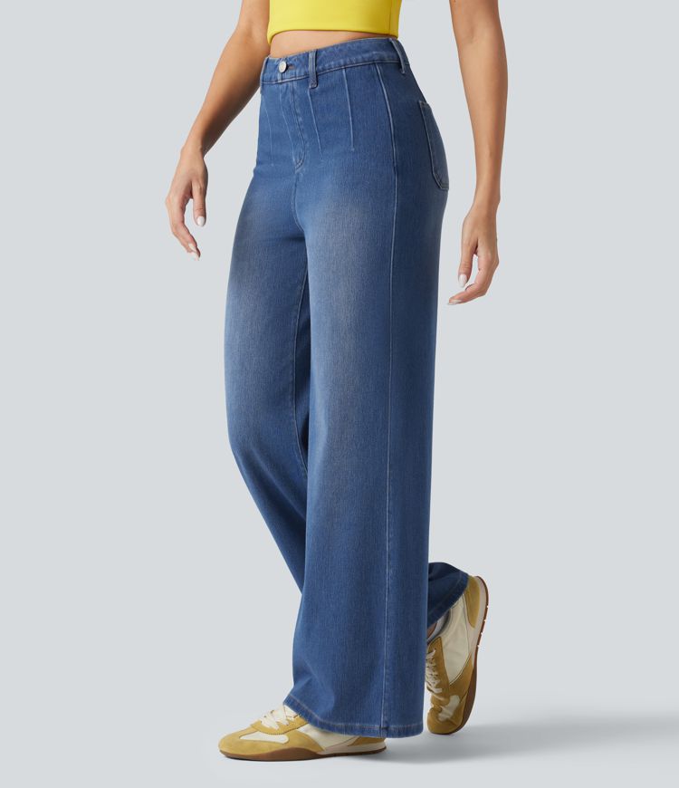 Halara Flex™ Curvy High Waisted Tummy Control Wide Leg Casual Jeans with Pockets Halara Flex™ Curvy High Waisted Tummy Control Wide Leg Casual Jeans with Pockets