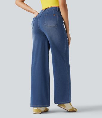 Halara Flex™ Curvy High Waisted Tummy Control Wide Leg Casual Jeans with Pockets Halara Flex™ Curvy High Waisted Tummy Control Wide Leg Casual Jeans with Pockets