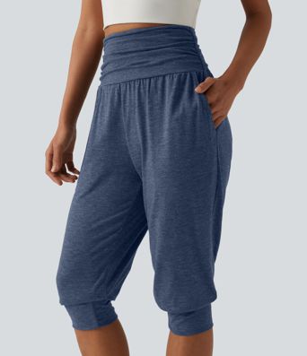 High Waisted Ruched Heathered Yoga Pedal Pushers Joggers with Pockets