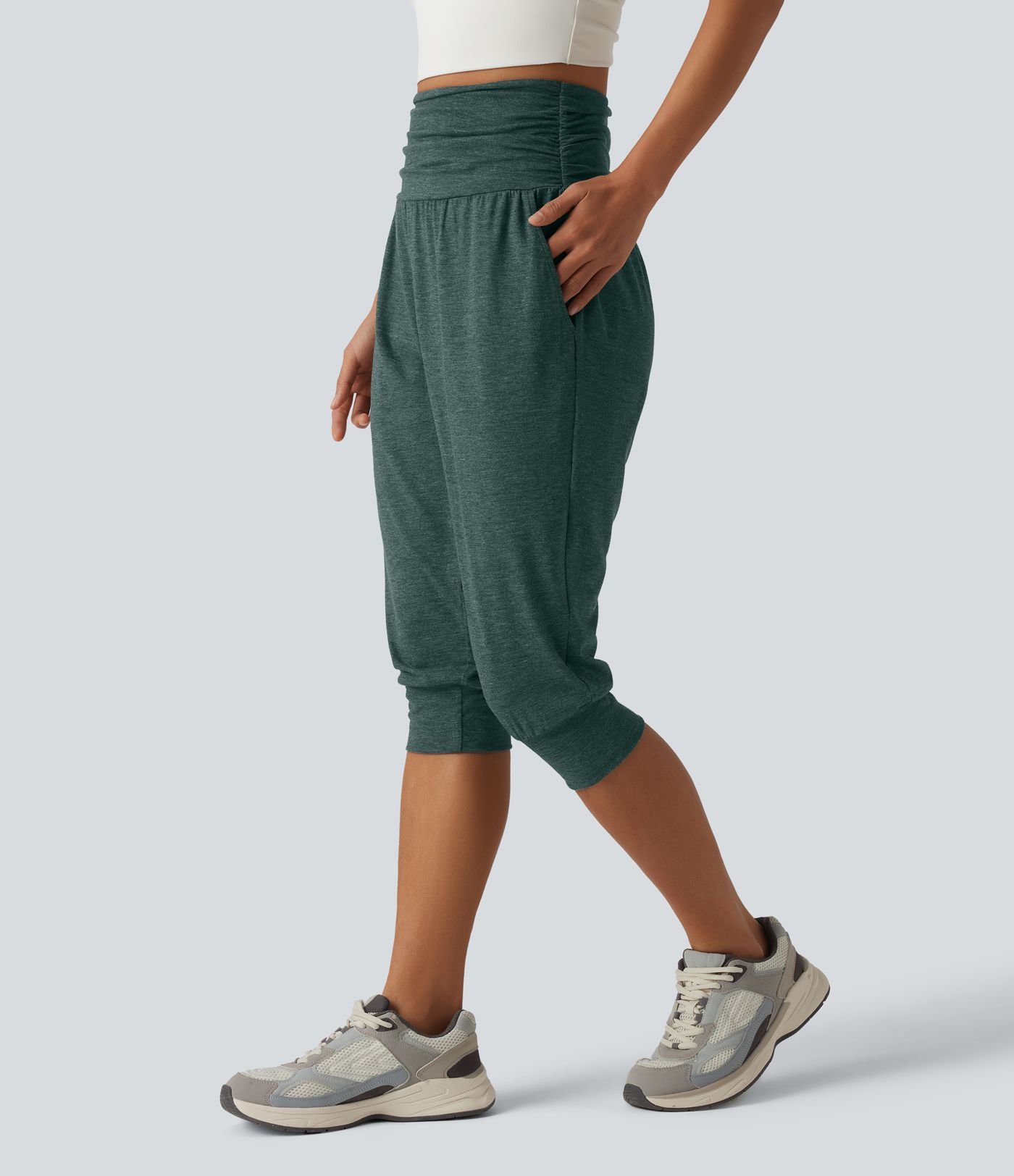 Jogging yoga corsaire chiné taille haute à fronces avec poches
