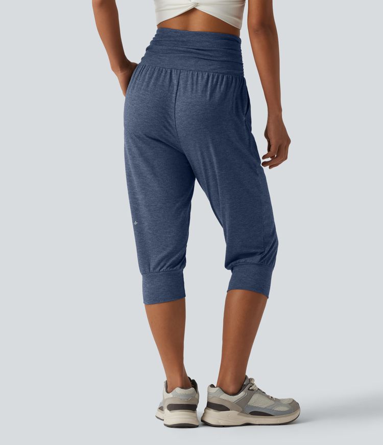 High Waisted Ruched Heathered Yoga Pedal Pushers Joggers with Pockets