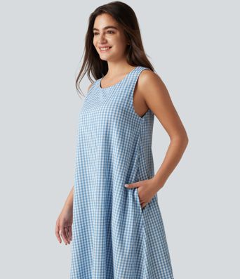 Casual, sleeveless, round-neck midi tank dress with built-in bra in gingham crinkle fabric with pockets