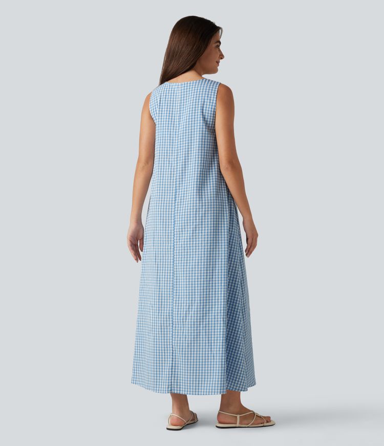 Casual, sleeveless, round-neck midi tank dress with built-in bra in gingham crinkle fabric with pockets