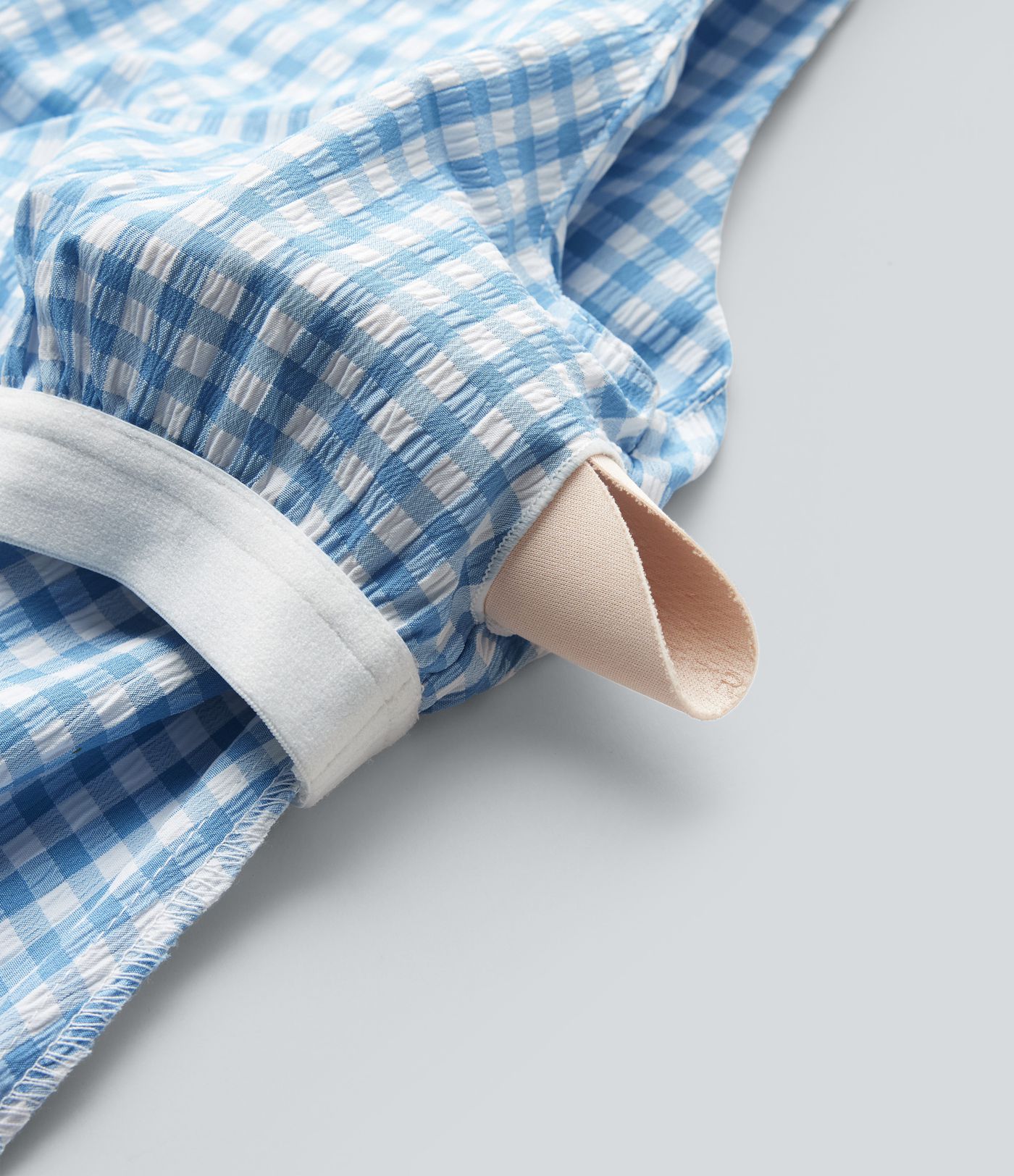 Casual, sleeveless, round-neck midi tank dress with built-in bra in gingham crinkle fabric with pockets