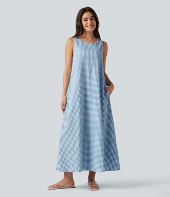 Casual, sleeveless, round-neck midi tank dress with built-in bra in gingham crinkle fabric with pockets