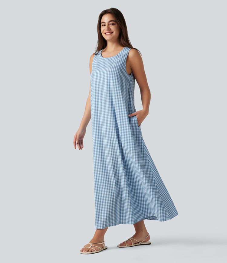 Casual, sleeveless, round-neck midi tank dress with built-in bra in gingham crinkle fabric with pockets