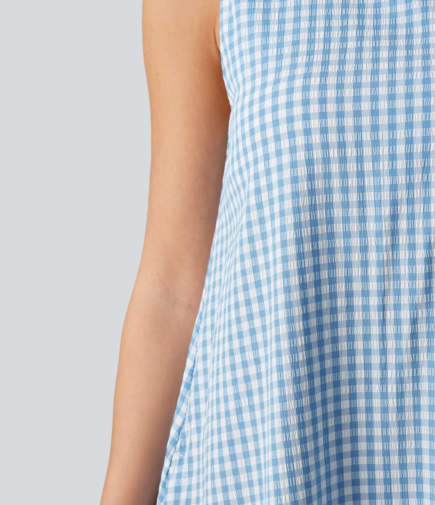 Casual, sleeveless, round-neck midi tank dress with built-in bra in gingham crinkle fabric with pockets