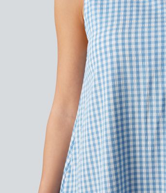 Casual, sleeveless, round-neck midi tank dress with built-in bra in gingham crinkle fabric with pockets