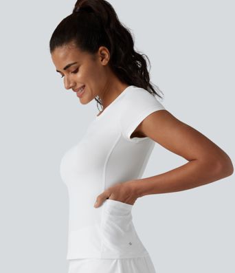 Round Neck Short Sleeve Cool Touch Running Sports Top with Pockets-UPF50+