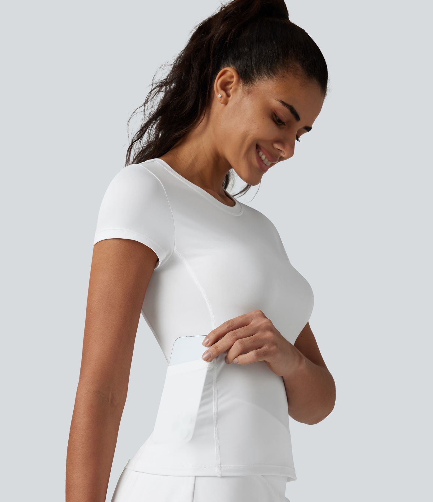 Round Neck Short Sleeve Cool Touch Running Sports Top with Pockets-UPF50+